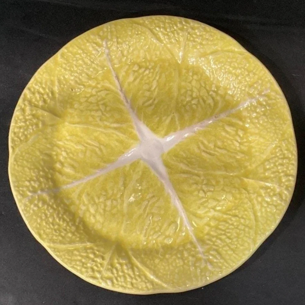 SECLA Yellow Cabbage Leaf Dinner Plates, Set of 2, Vintage Portugal Majolica,